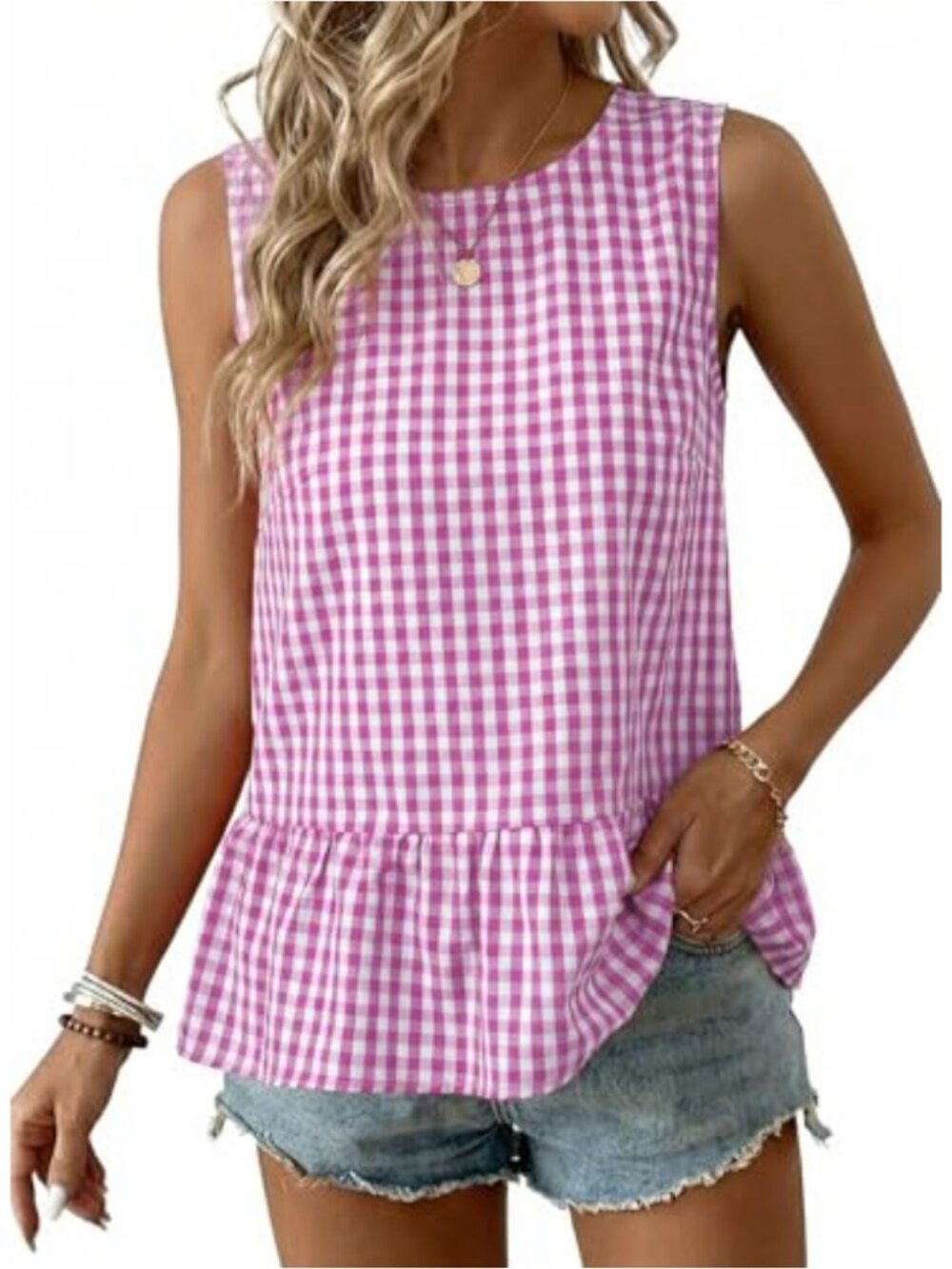 Ruffle Hem Gingham Peplum Babydoll Tank Top Cotton Sleeveless